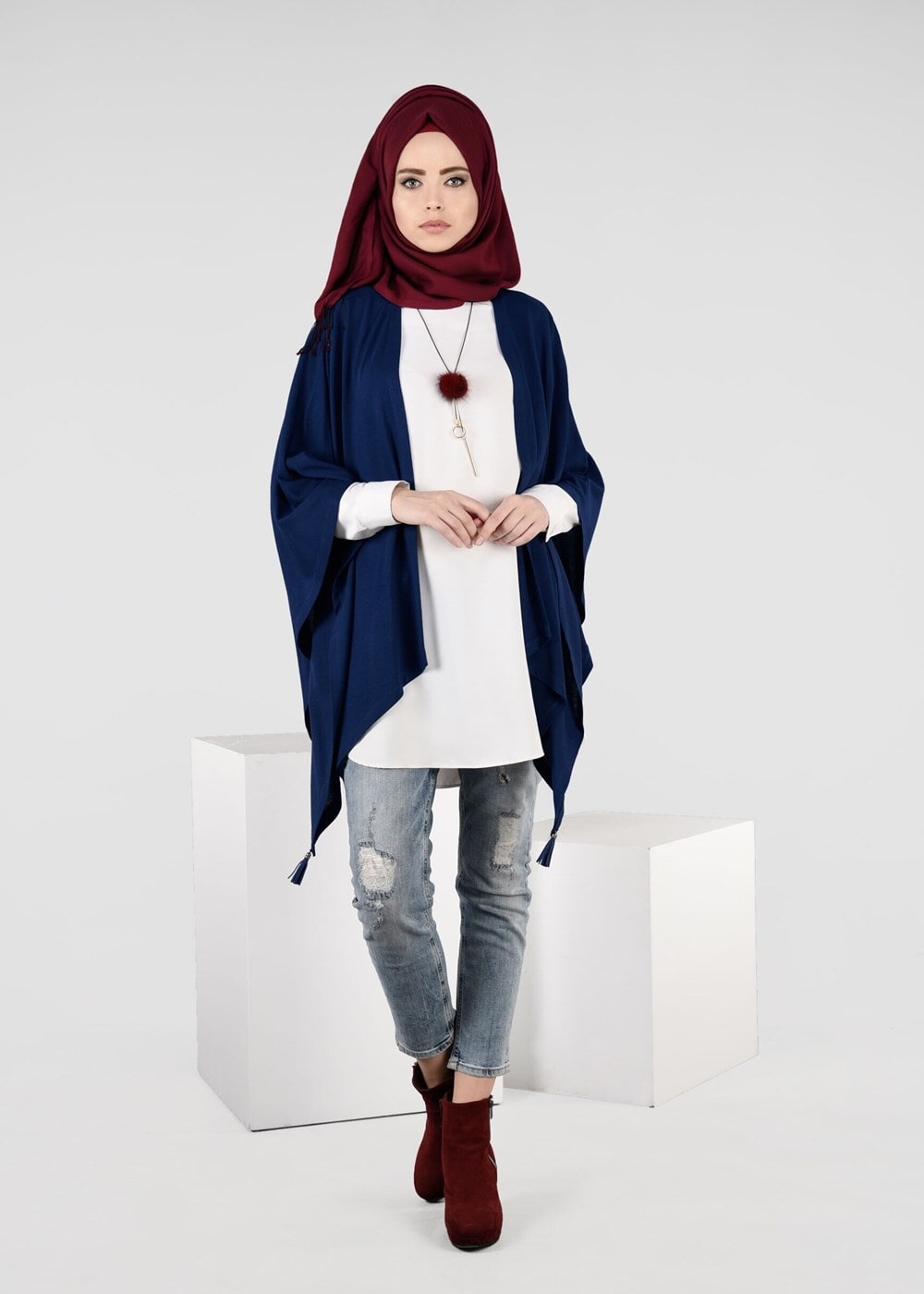 Tesettür giyim LACİVERT ASİMETRİK KESİM YARASA KOL TUNİK 4841 