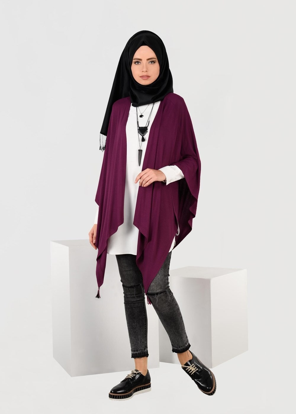 Tesettür giyim MOR ASİMETRİK KESİM YARASA KOL TUNİK 4841 
