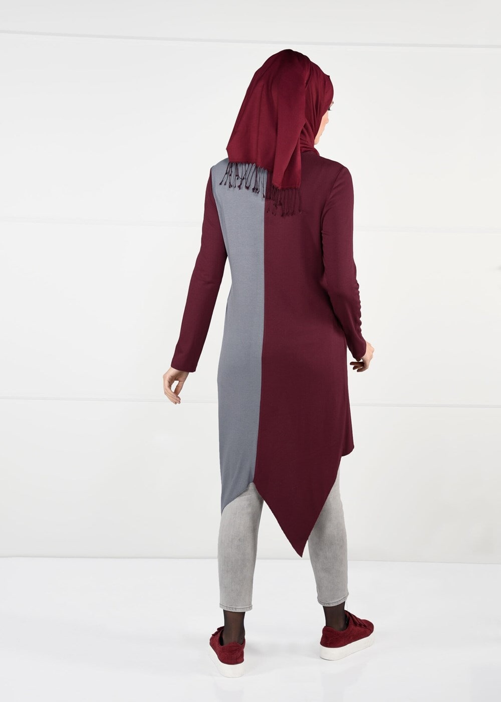 Tesettür giyim BORDO ASİMETRİK KESİM TUNİK 4844