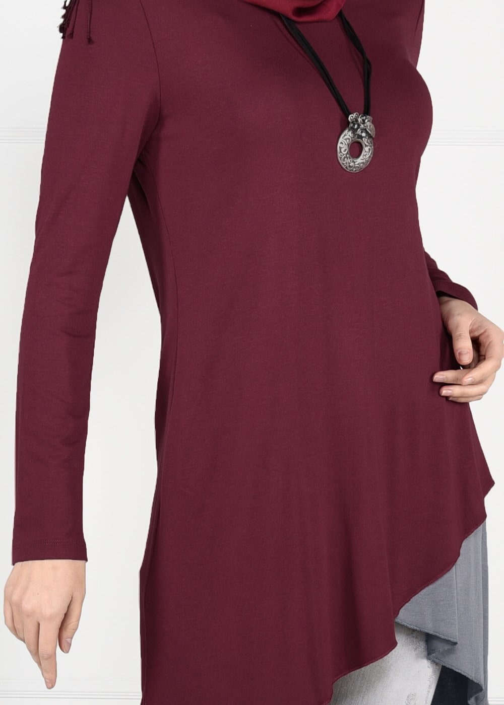 Tesettür giyim BORDO ASİMETRİK KESİM TUNİK 4844