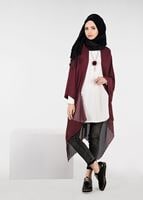 Tesettür giyim BORDO FİLE DETAYLI ASİMETRİK KESİM TUNİK 4854