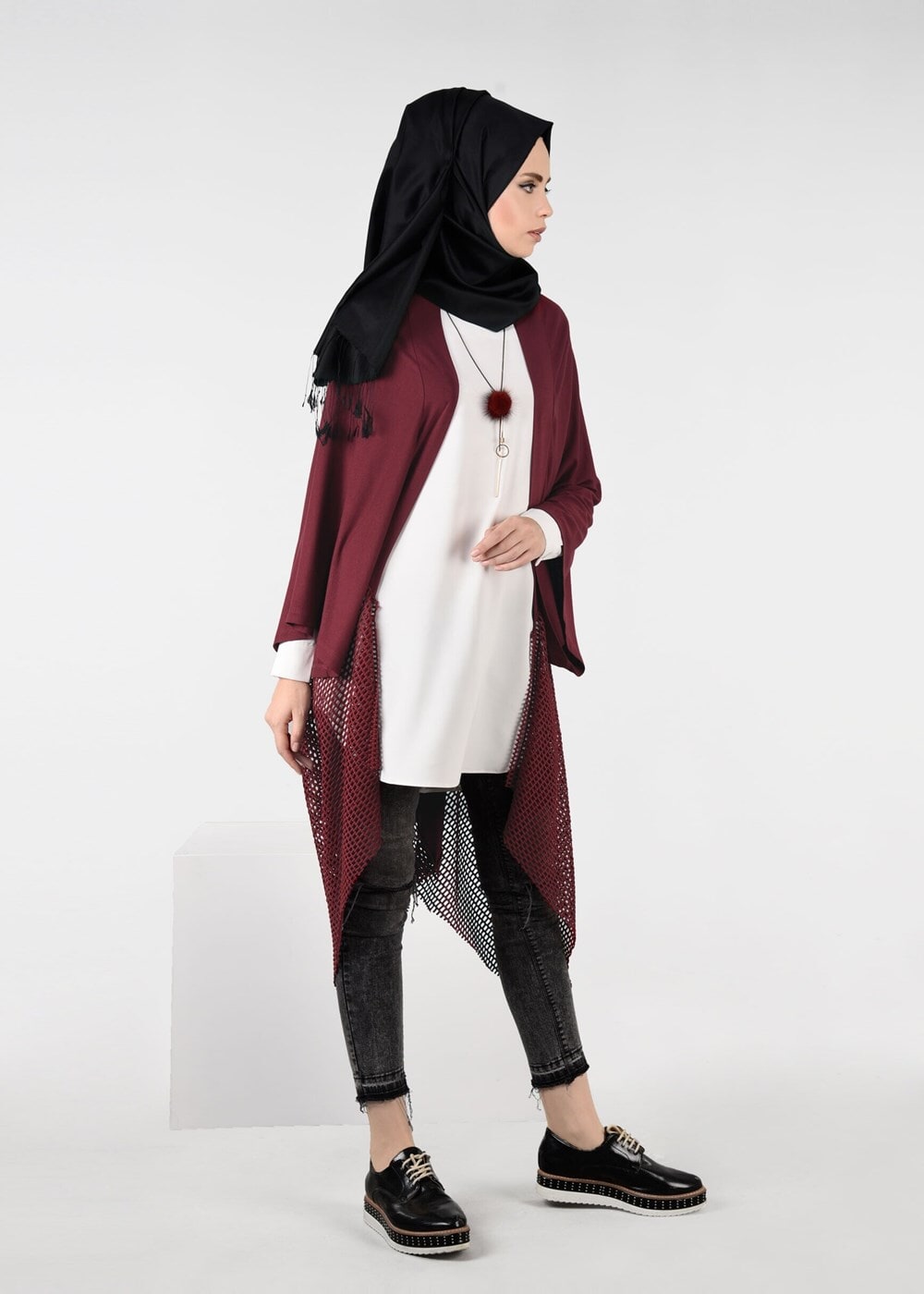 Tesettür giyim BORDO FİLE DETAYLI ASİMETRİK KESİM TUNİK 4854