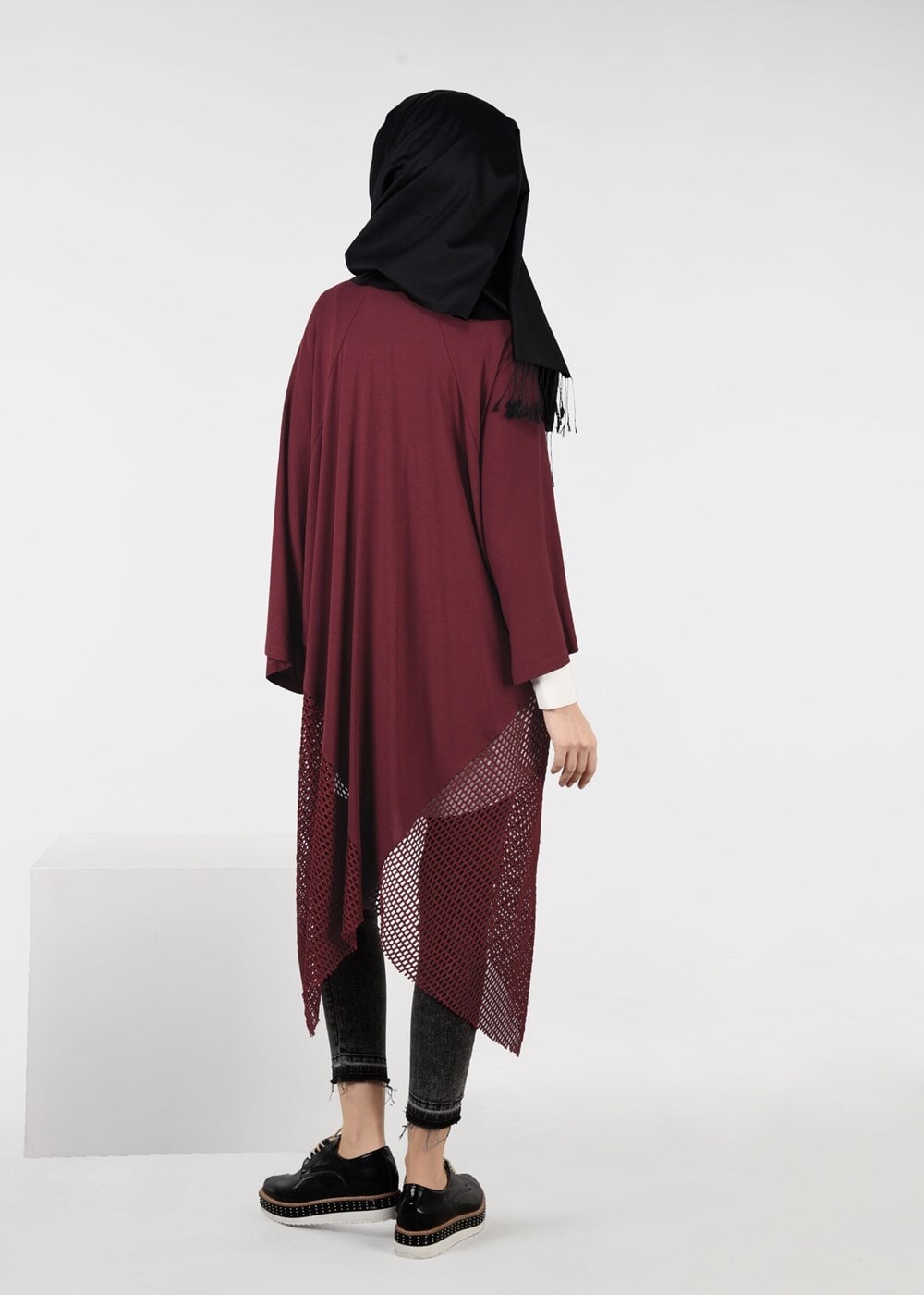 Tesettür giyim BORDO FİLE DETAYLI ASİMETRİK KESİM TUNİK 4854