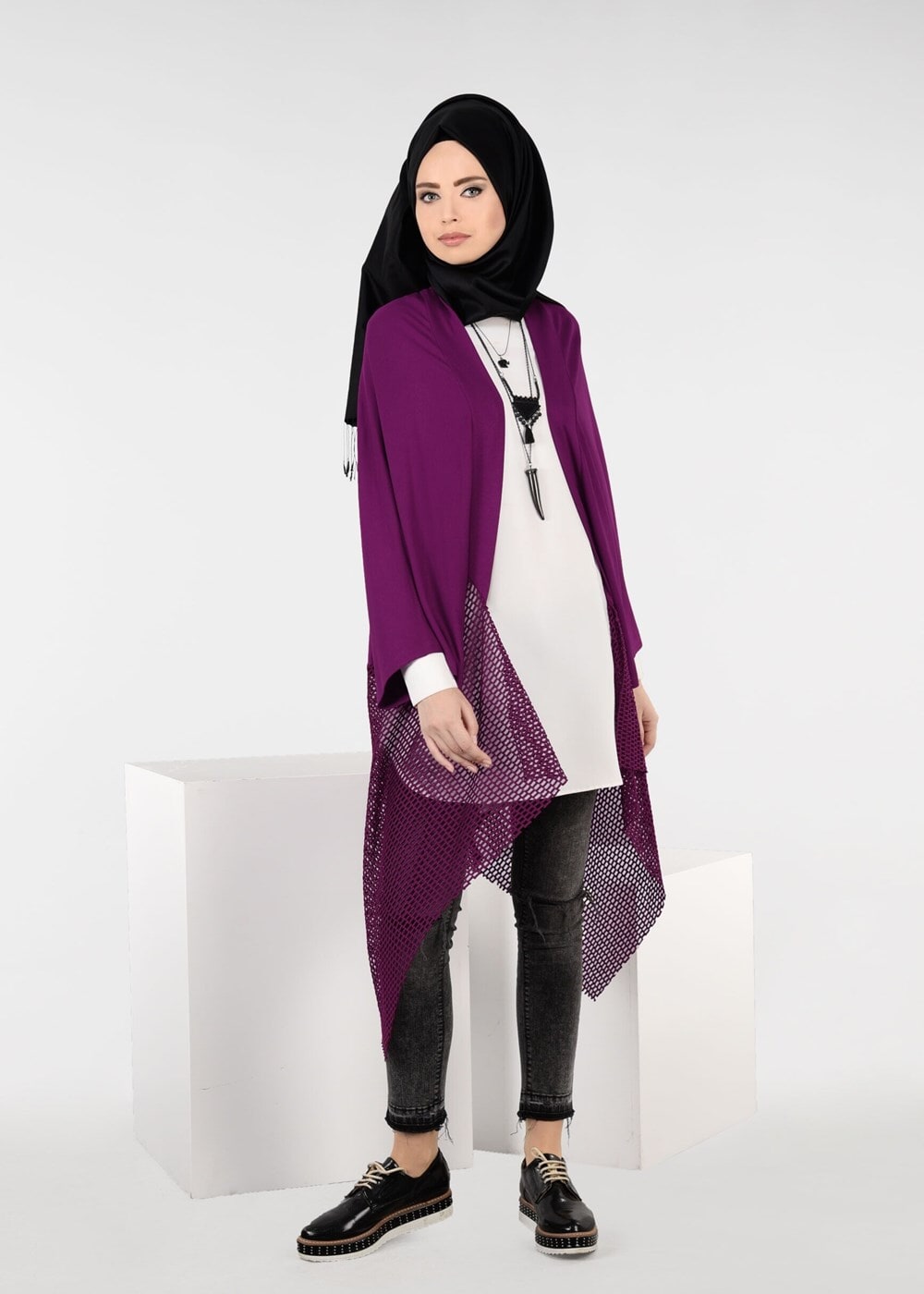 Tesettür giyim MOR FİLE DETAYLI ASİMETRİK KESİM TUNİK 4854