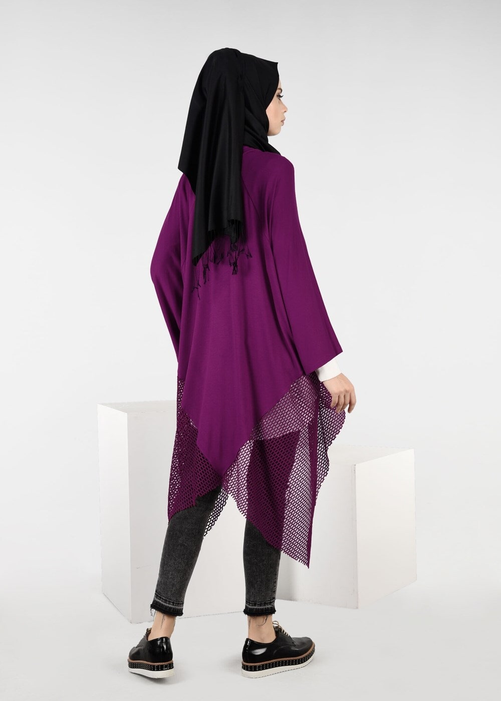 Tesettür giyim MOR FİLE DETAYLI ASİMETRİK KESİM TUNİK 4854