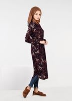 Tesettür giyim BORDO BELİ BÜZGÜLÜ DESENLİ TUNİK 4866