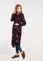 Tesettür giyim BORDO BELİ BÜZGÜLÜ DESENLİ TUNİK 4866