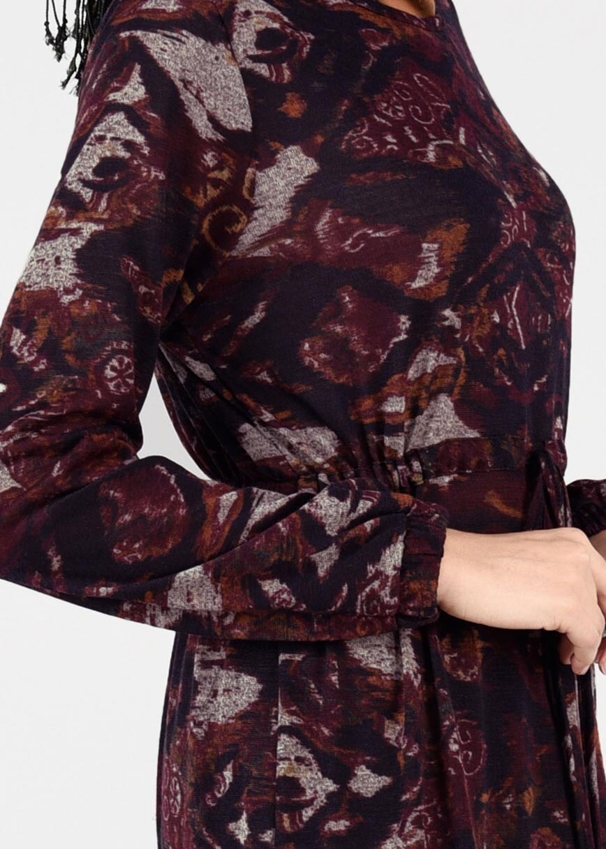 Tesettür giyim BORDO BELİ BÜZGÜLÜ DESENLİ TUNİK 4866