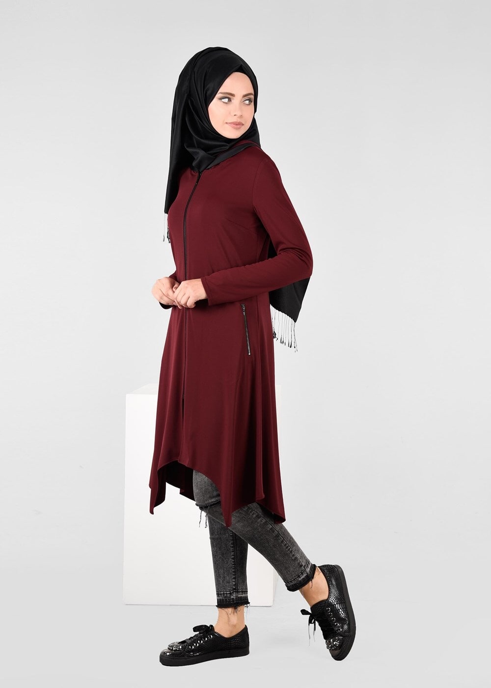 Hijab clothing CLARET RED ZIPPED ASYMMETRIC CUT TUNIC 4869 
