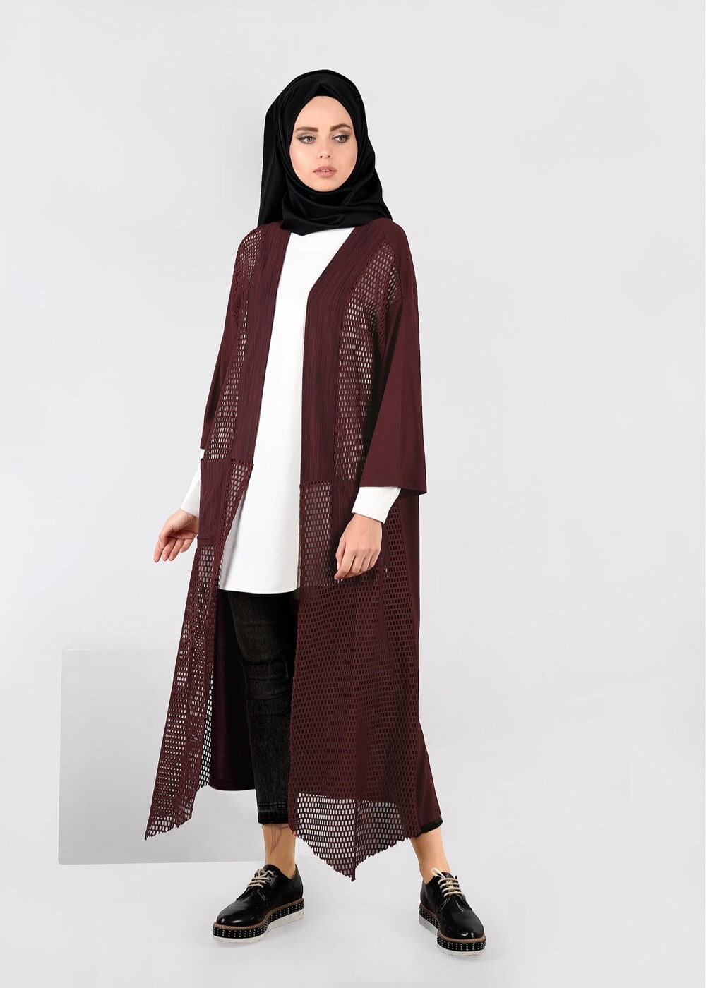 Tesettür giyim BORDO FİLE DETAYLI ÖRME HIRKA 4871 