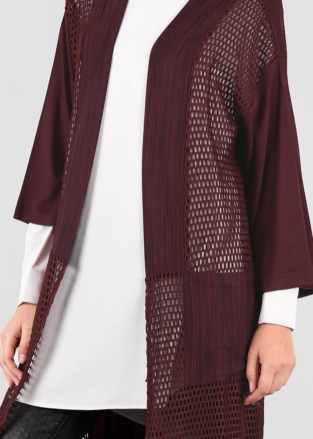 Tesettür giyim BORDO FİLE DETAYLI ÖRME HIRKA 4871 