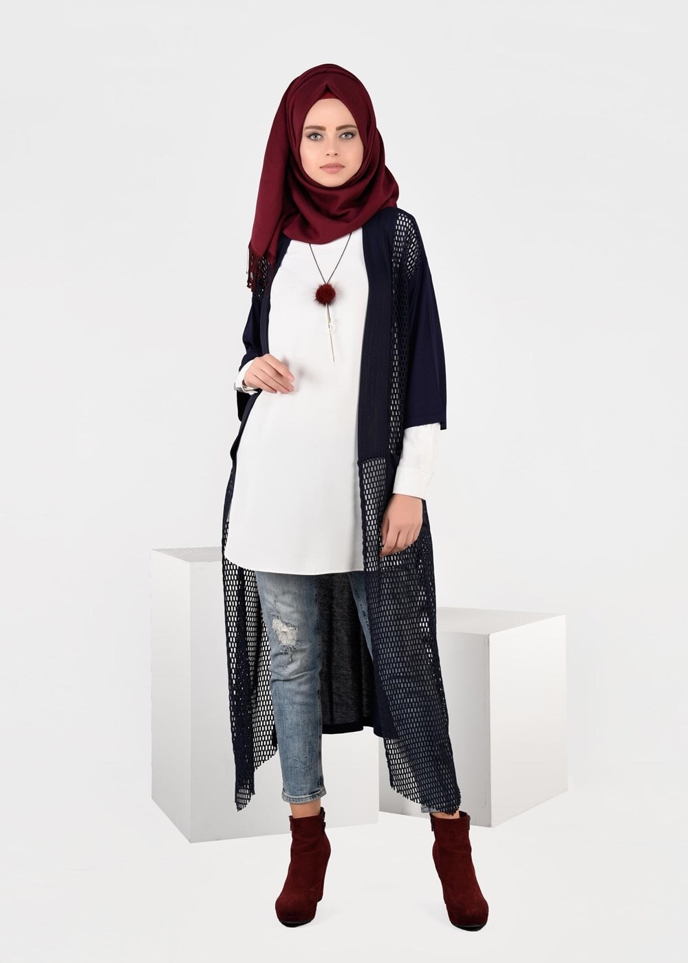 Tesettür giyim LACİVERT FİLE DETAYLI ÖRME HIRKA 4871 