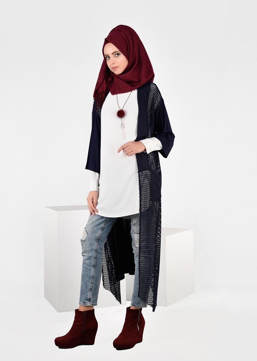 Tesettür giyim LACİVERT FİLE DETAYLI ÖRME HIRKA 4871 