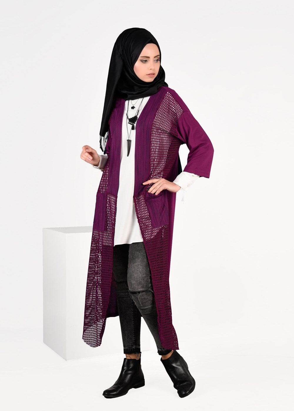 Tesettür giyim MOR FİLE DETAYLI ÖRME HIRKA 4871 