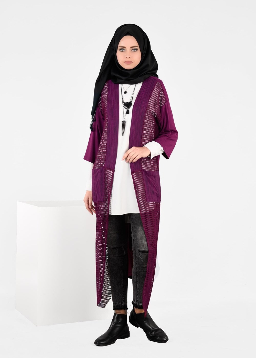Tesettür giyim MOR FİLE DETAYLI ÖRME HIRKA 4871 