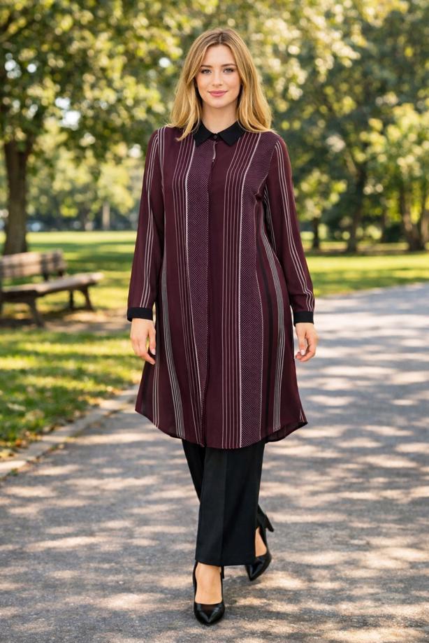 Vêtements hijab ROUGE BORDEAUX TUNIQUE À POIS À RAYURES 4923  - TRENDTESETTÜR