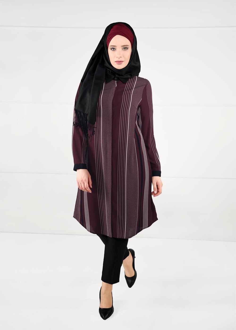 Vêtements hijab ROUGE BORDEAUX TUNIQUE À POIS À RAYURES 4923 