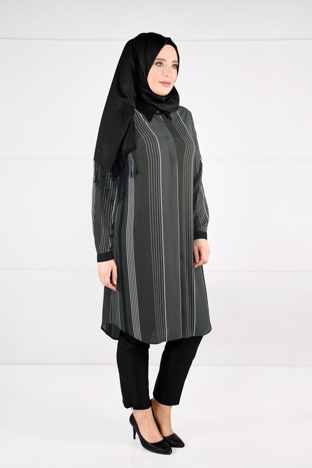 Tesettür giyim  ÇİZGİ PUANTİYE DESENLİ TUNİK 4923  - TRENDTESETTÜR