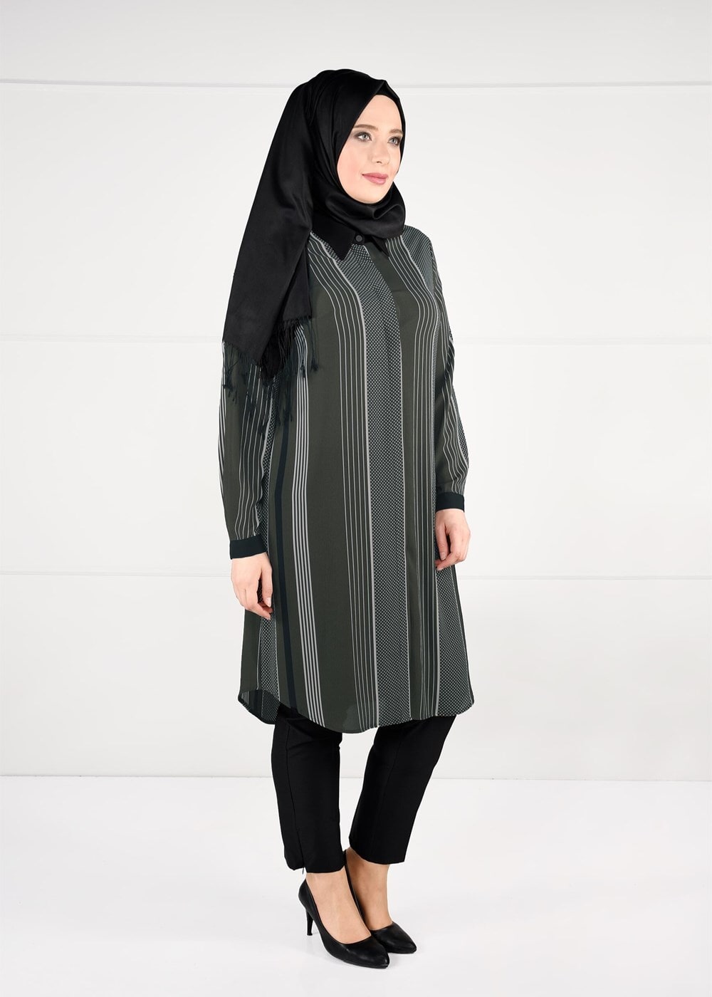 Vêtements hijab KAKI TUNIQUE À POIS À RAYURES 4923 