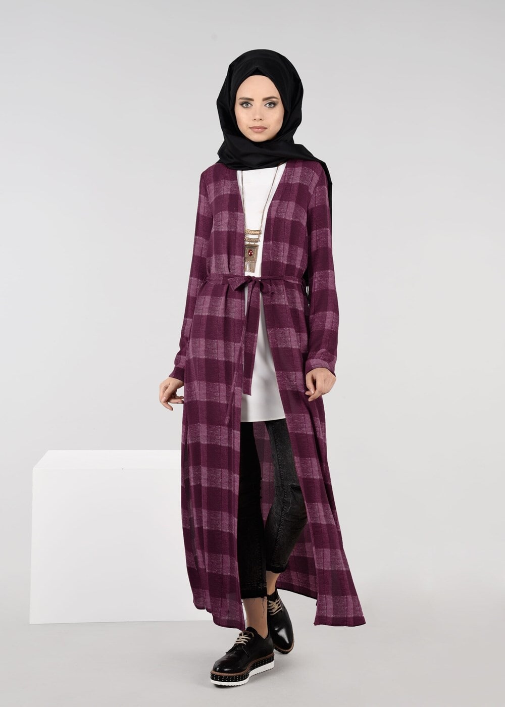 Hijab clothing CLARET RED CHECK TUNIC WITH SLITS 4928 