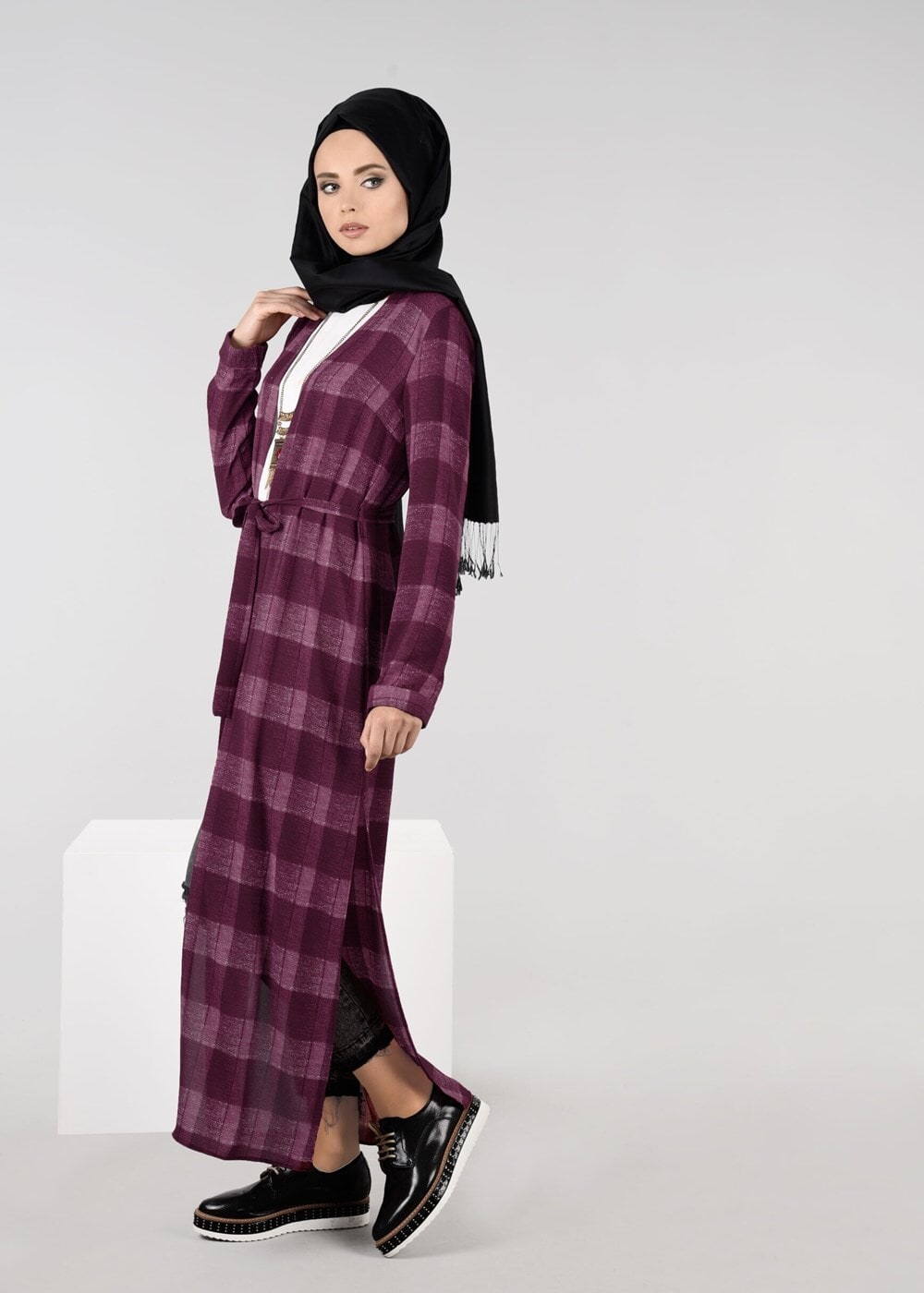 Hijab clothing CLARET RED CHECK TUNIC WITH SLITS 4928 