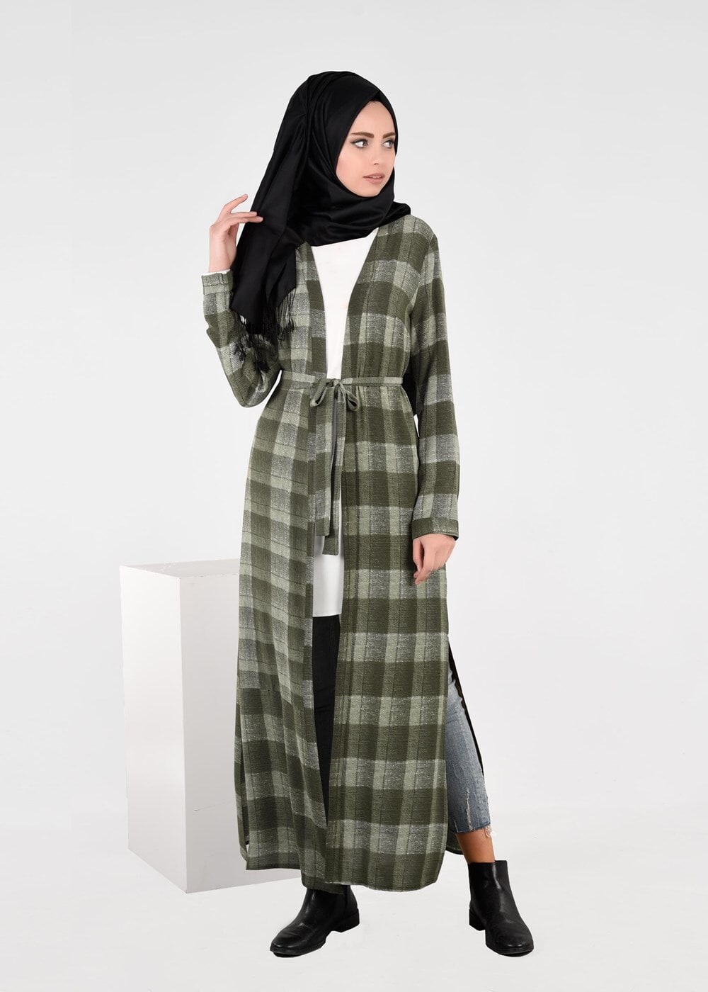 Vêtements hijab KAKI TUNIQUE À CARREAUX AVEC FENTES 4928 