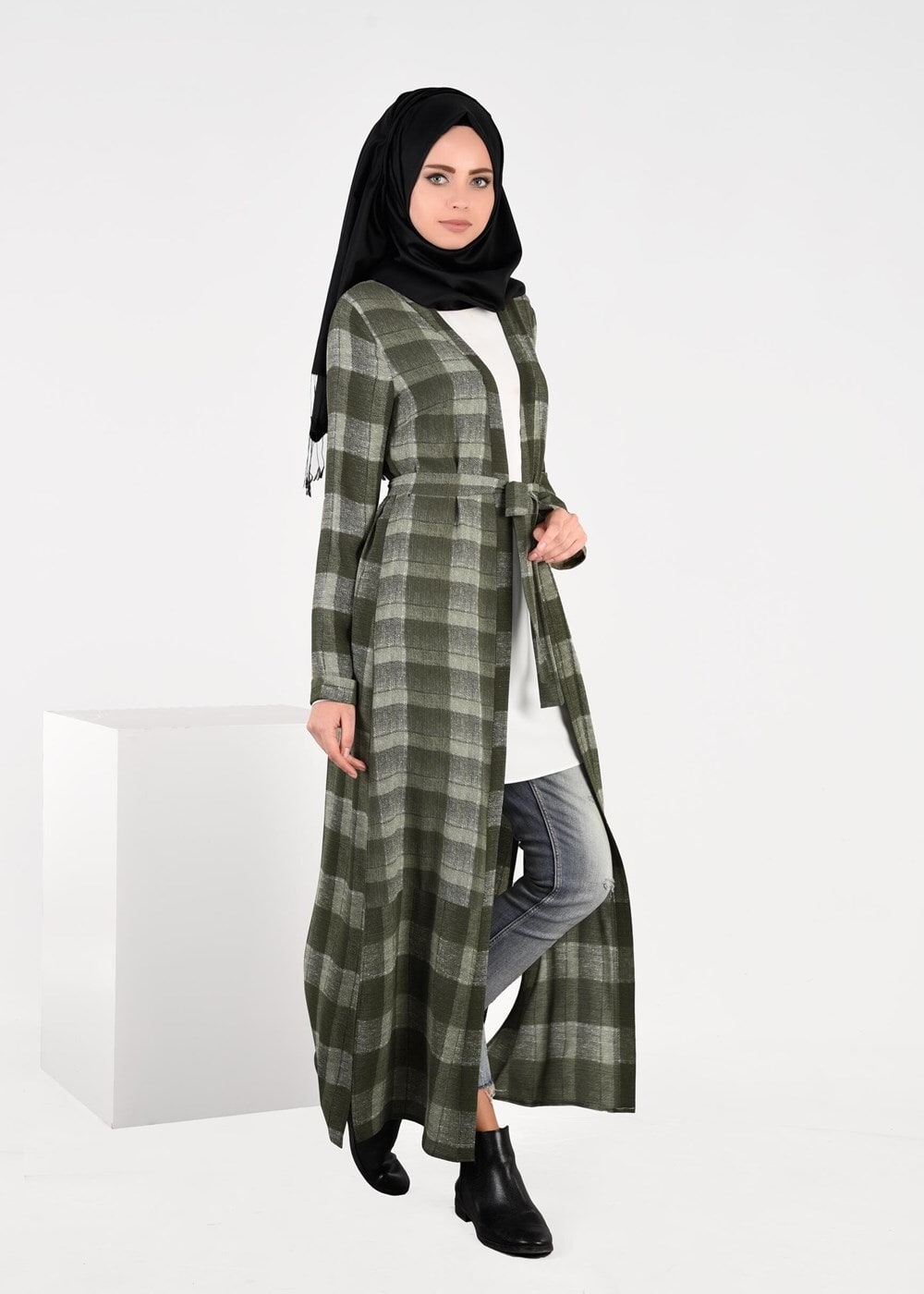 Vêtements hijab KAKI TUNIQUE À CARREAUX AVEC FENTES 4928 