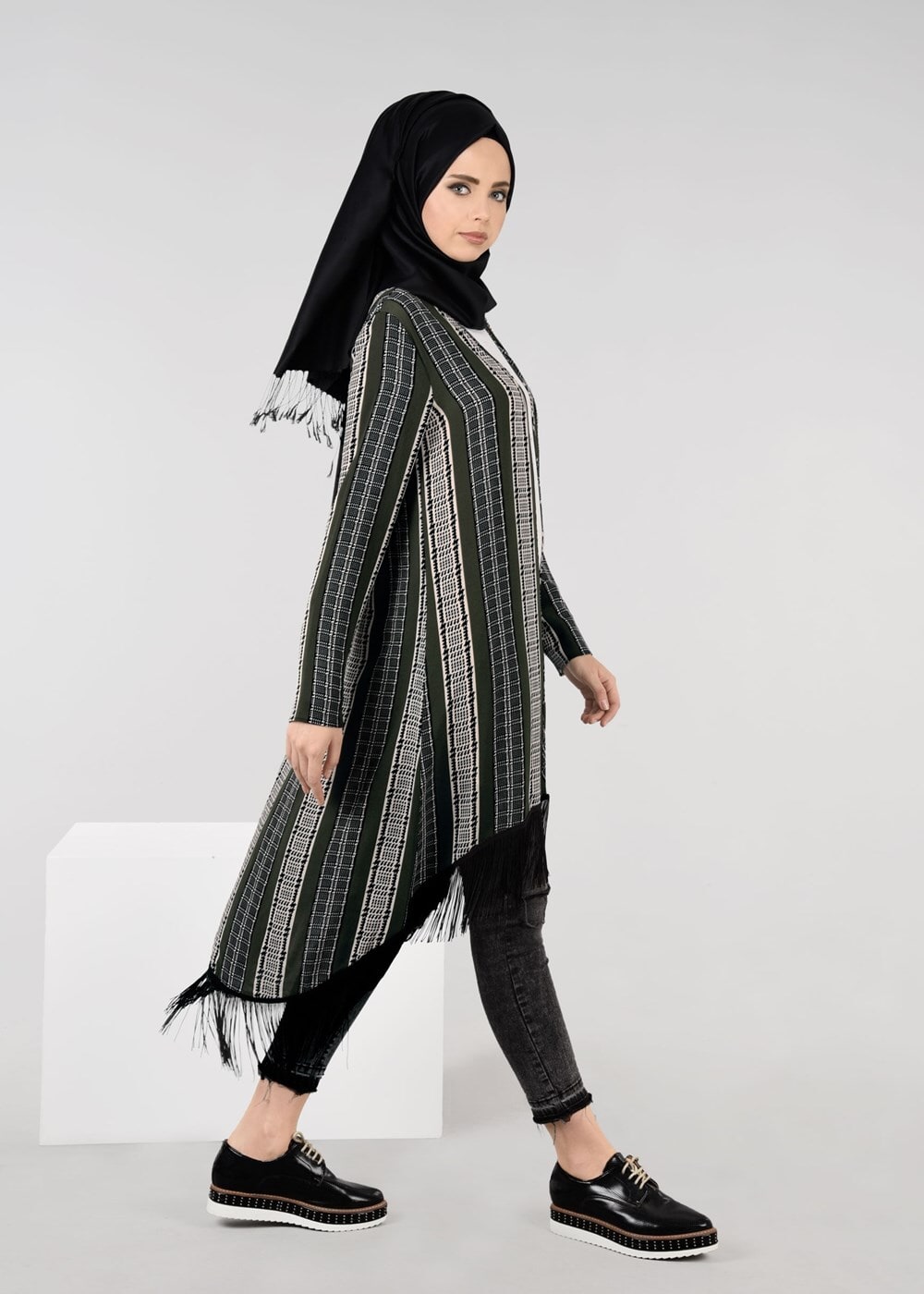 Vêtements hijab KAKI TUNIQUE À FRANGES 4929 