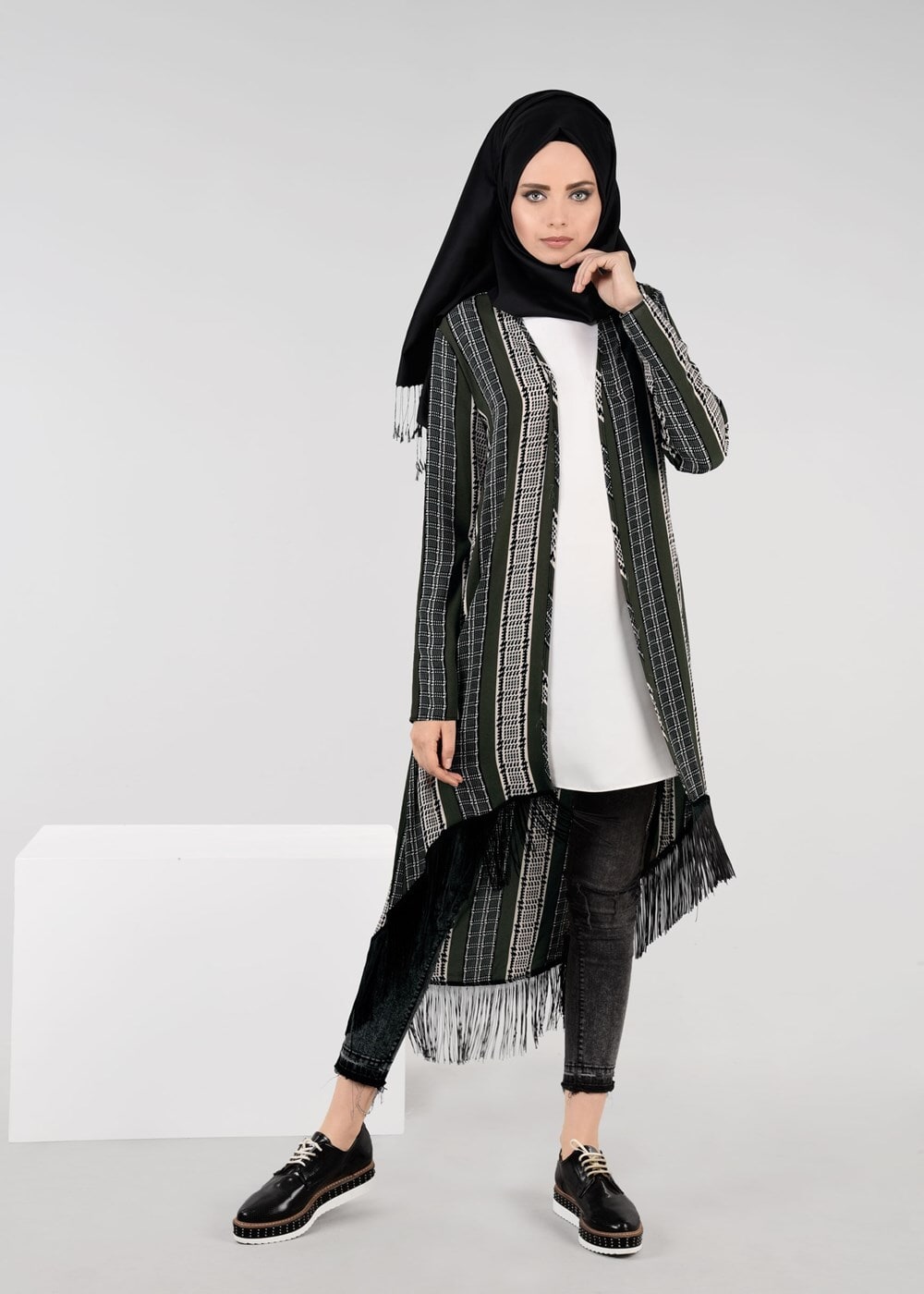 Vêtements hijab KAKI TUNIQUE À FRANGES 4929 