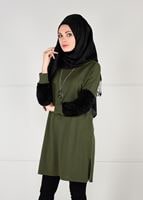 Tesettür giyim HAKİ KOLLARI PELUŞ DETAYLI TUNİK 5251