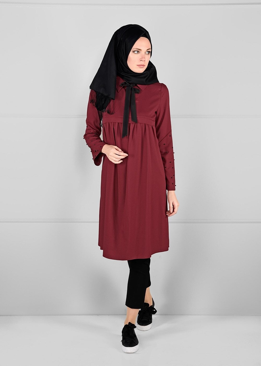 Hijab clothing CLARET RED BEADED TUNIC 5351