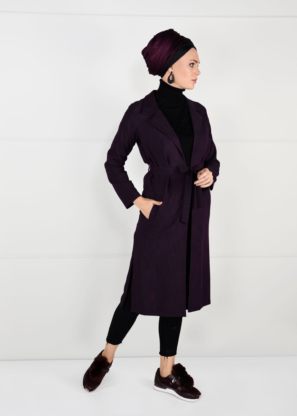 Vêtements hijab PRUNE VESTE AVEC CEINTURE 5825 