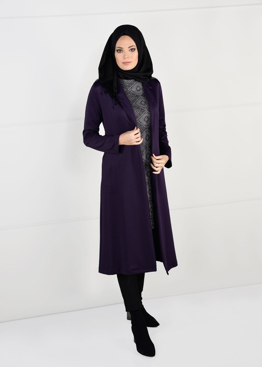 Tesettür giyim MOR OMUZLARI BONCUK İŞLEMELİ 2Lİ TUNİK TAKIM 6057