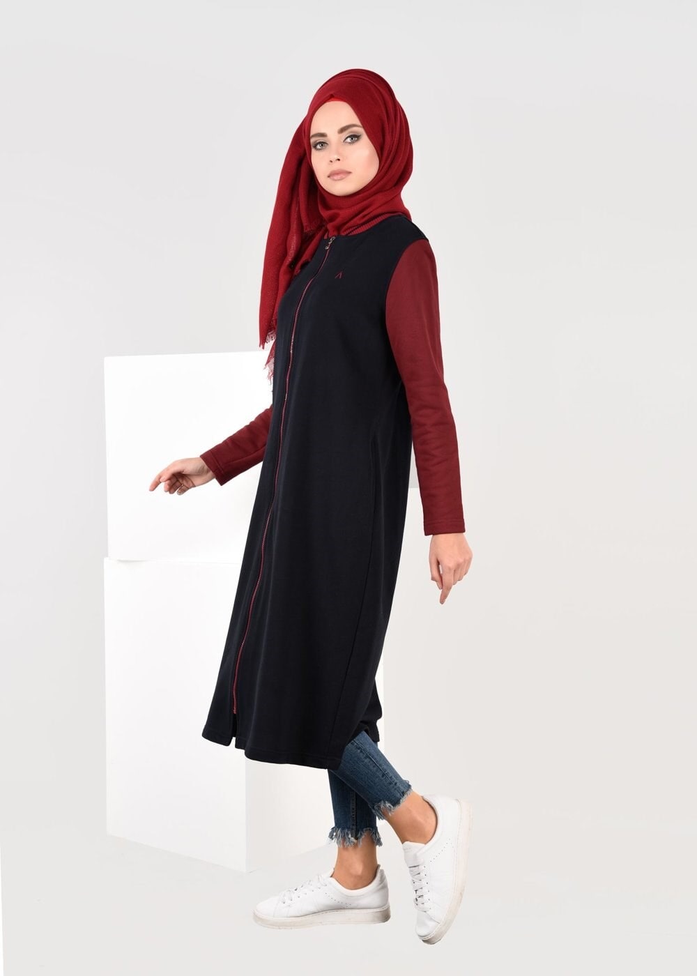 Vêtements hijab BLEU MARINE TUNIQUE EN SPORT À ZIPPÉE 6609