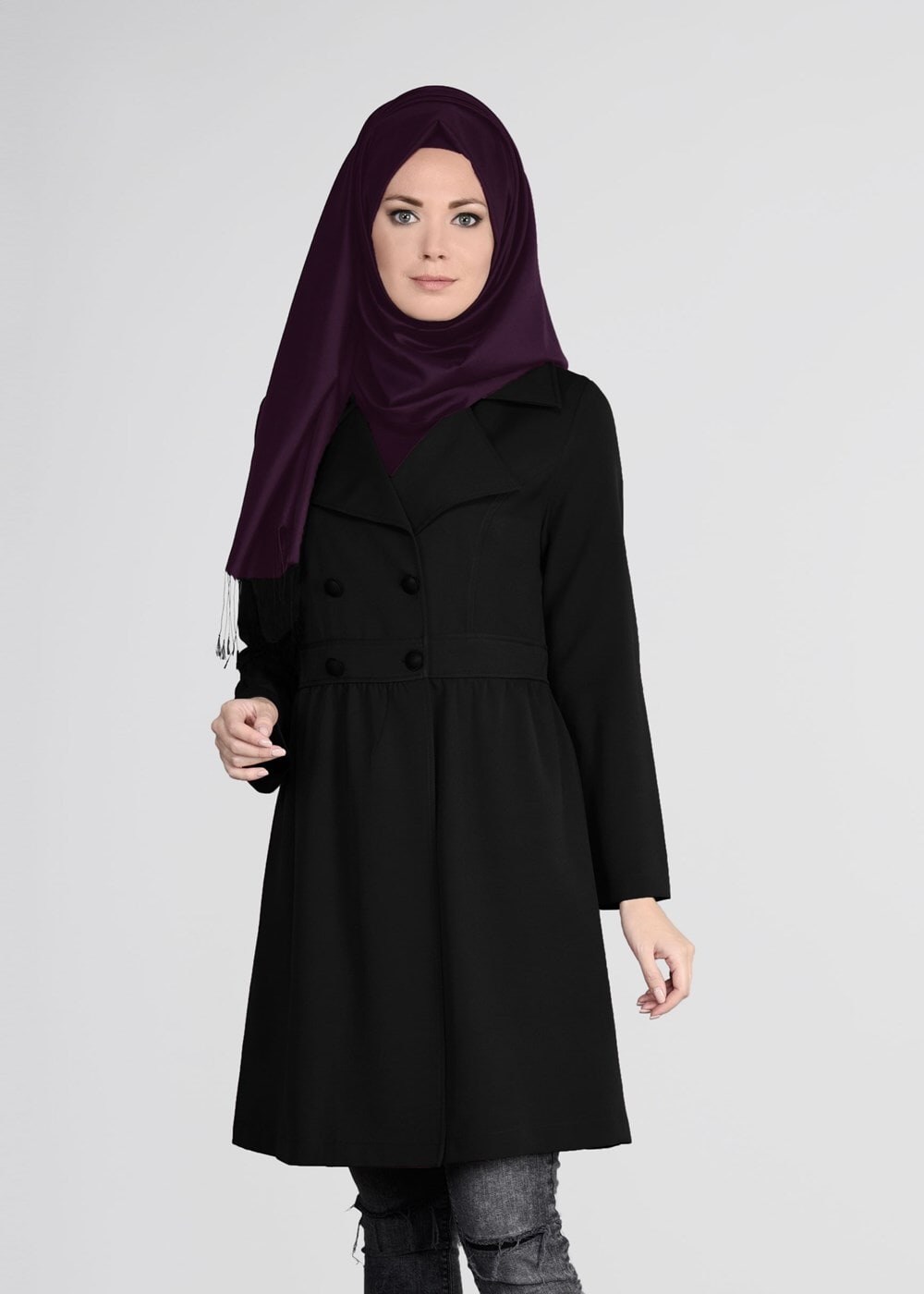 Hijab clothing BLACK BUTTONED TWILLED TRENCH-COAT 03107