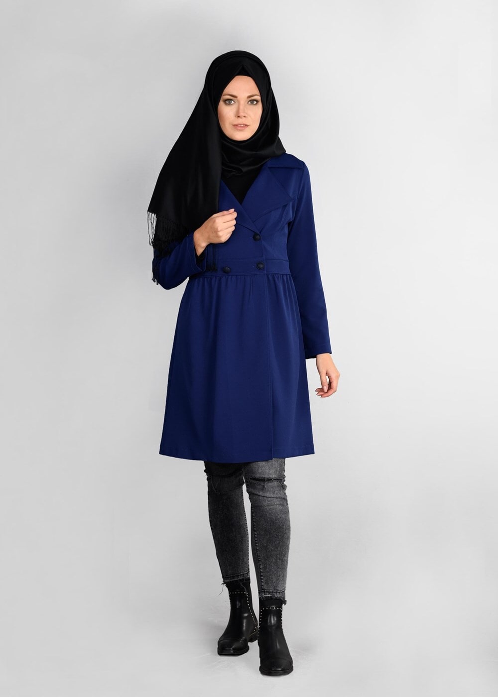 Tesettür giyim LACİVERT DÜĞMELİ KRUVAZE TRENÇKOT 03107 