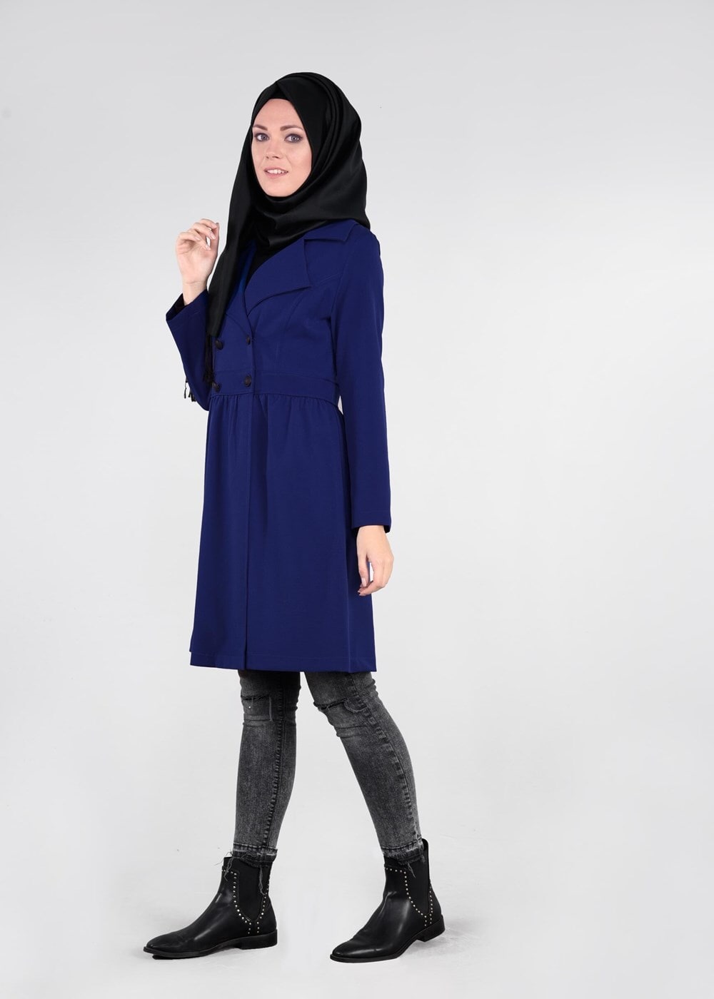 Tesettür giyim LACİVERT DÜĞMELİ KRUVAZE TRENÇKOT 03107 
