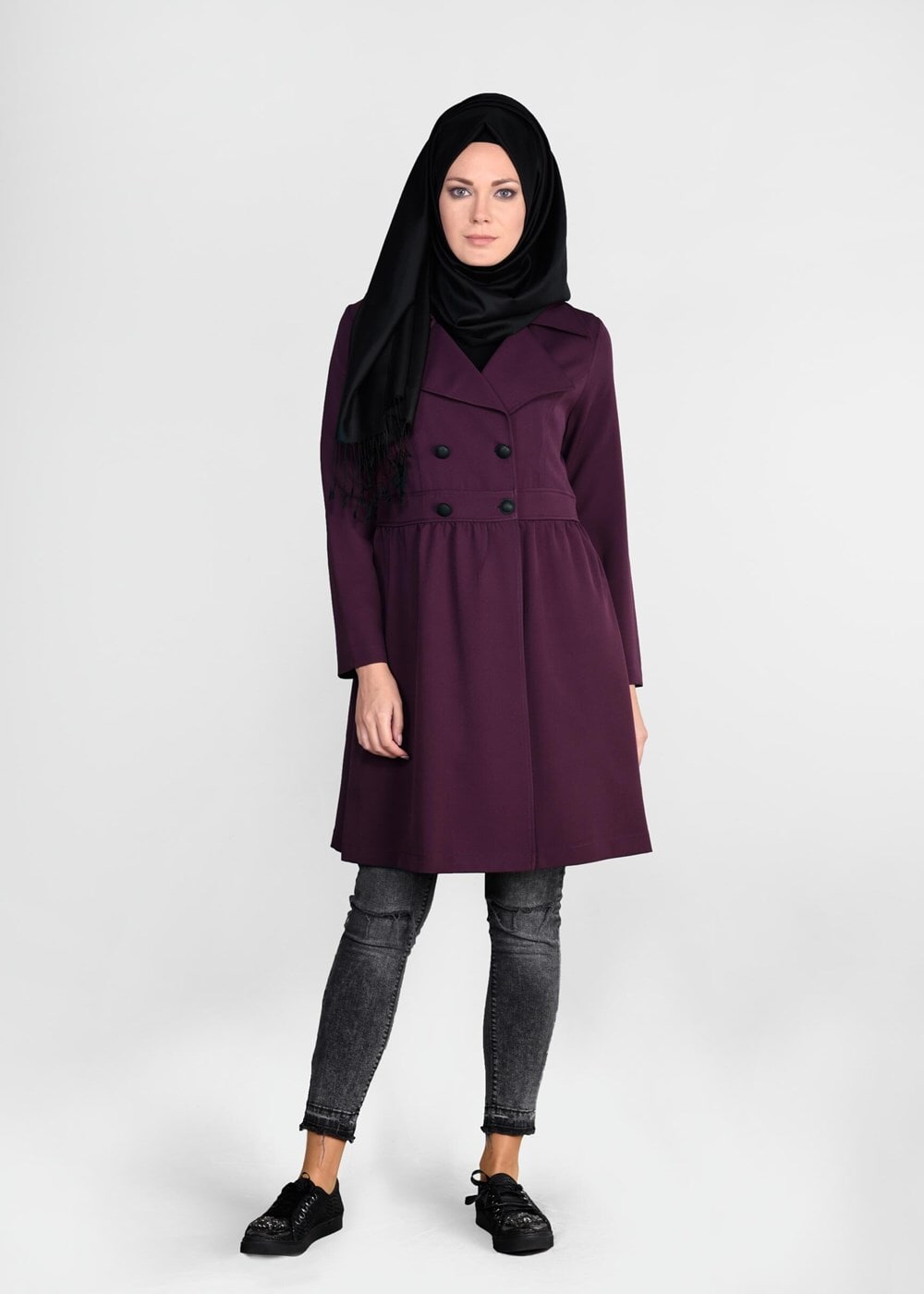 Tesettür giyim MÜRDÜM DÜĞMELİ KRUVAZE TRENÇKOT 03107 
