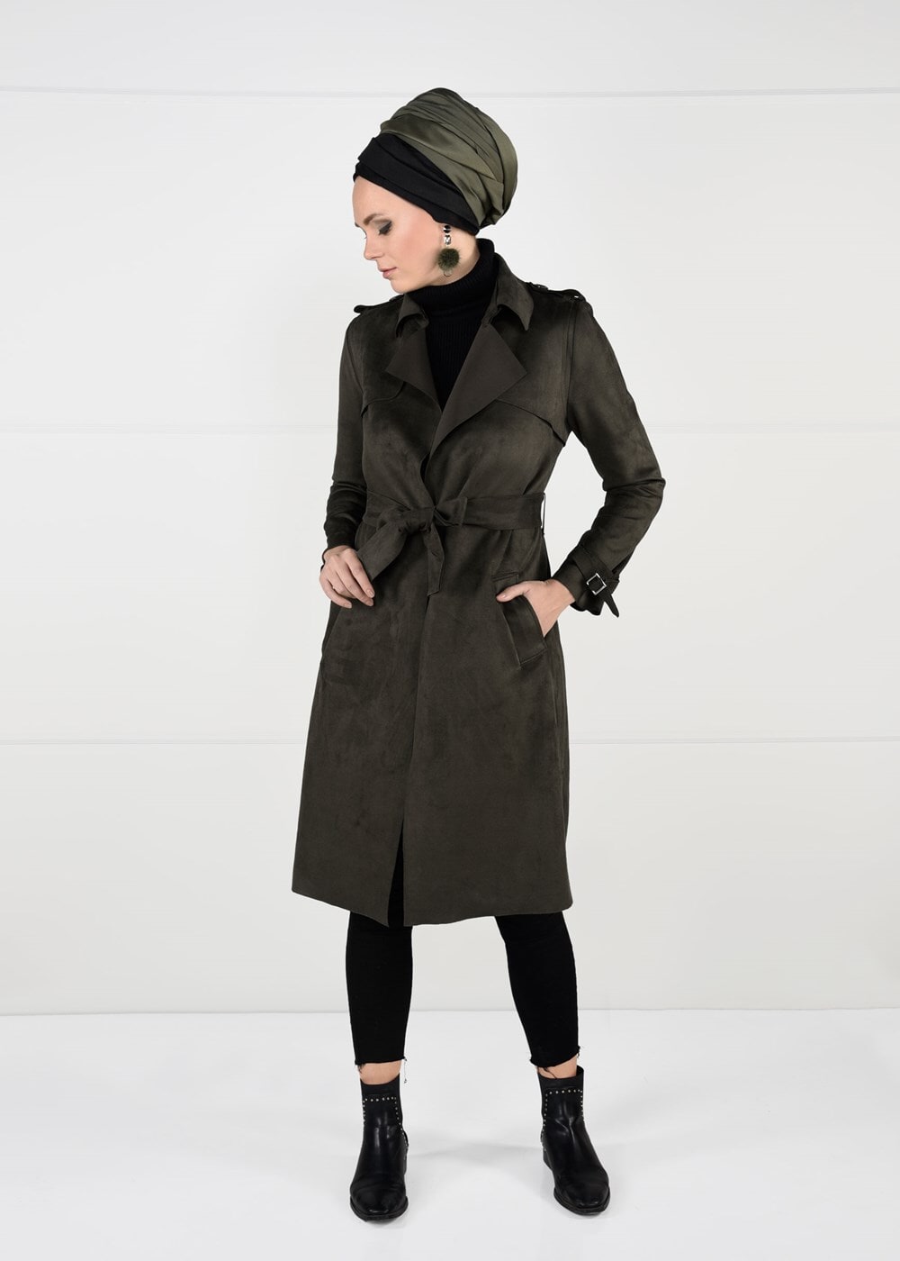 Tesettür giyim HAKİ KUŞAKLI SÜET TRENÇKOT 10141