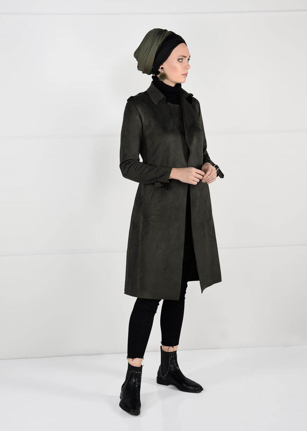 Tesettür giyim HAKİ KUŞAKLI SÜET TRENÇKOT 10141