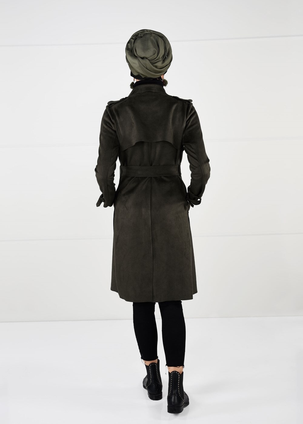 Tesettür giyim HAKİ KUŞAKLI SÜET TRENÇKOT 10141