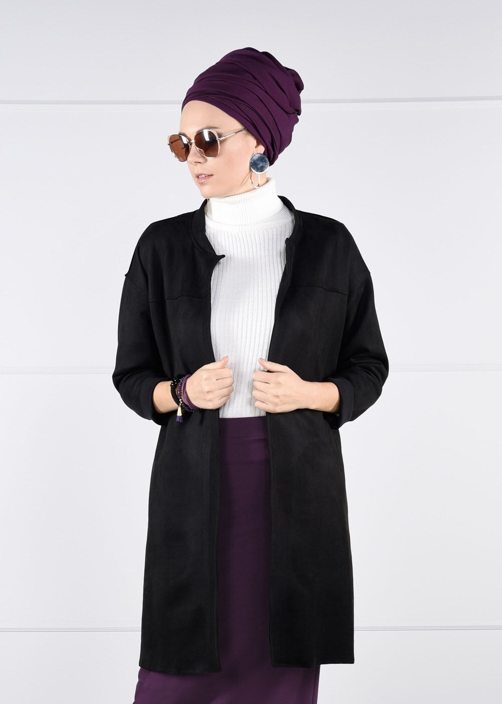 Tesettür giyim SİYAH KUŞAKLI BİSİKLET YAKA SÜET TRENÇKOT 53107 