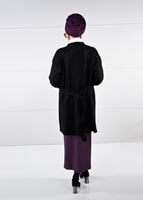 Tesettür giyim SİYAH KUŞAKLI BİSİKLET YAKA SÜET TRENÇKOT 53107 