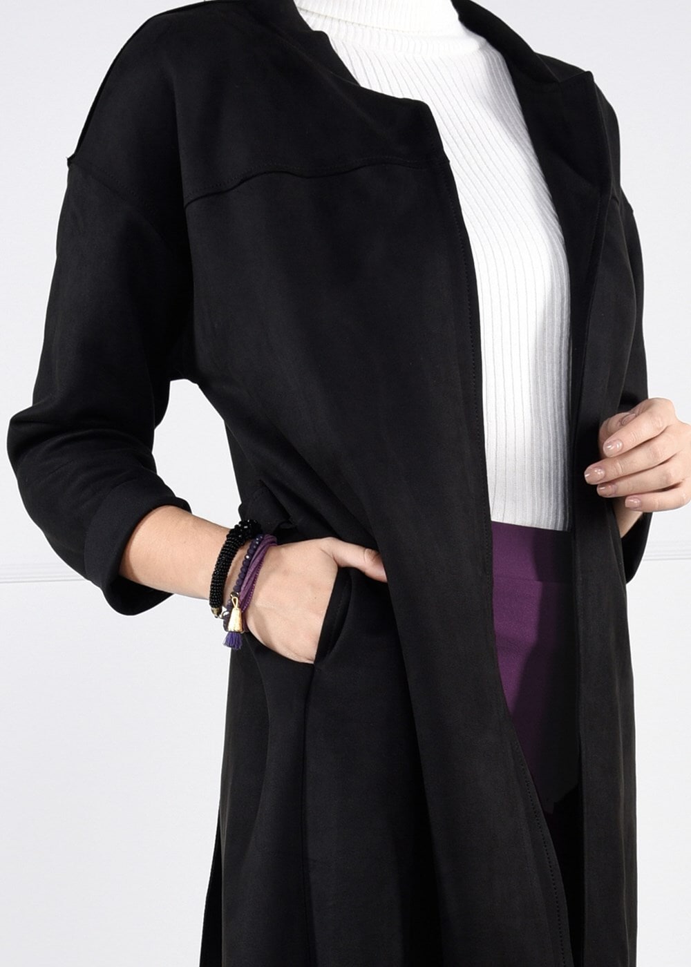 Tesettür giyim SİYAH KUŞAKLI BİSİKLET YAKA SÜET TRENÇKOT 53107 