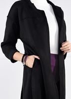 Tesettür giyim SİYAH KUŞAKLI BİSİKLET YAKA SÜET TRENÇKOT 53107 