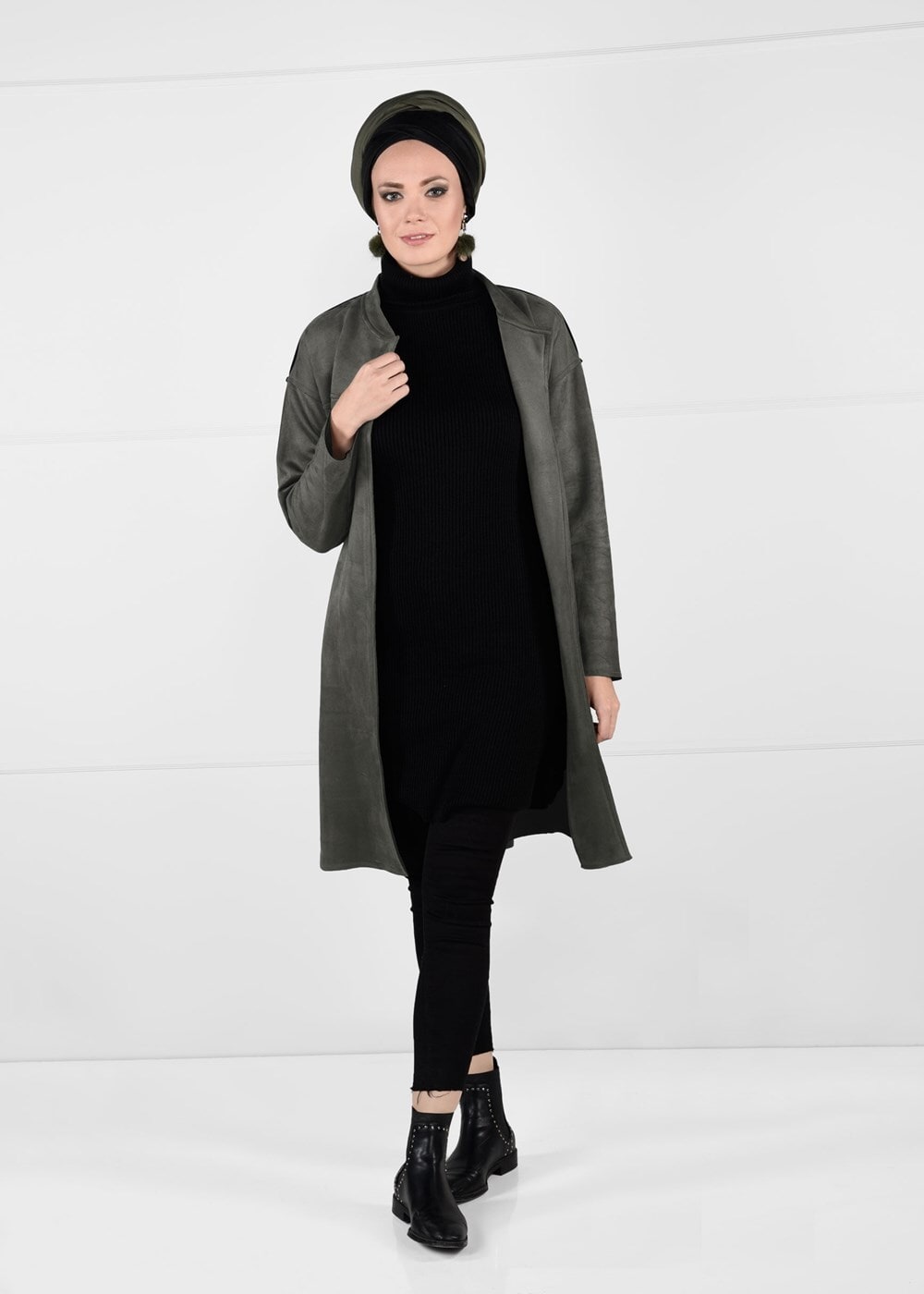 Tesettür giyim HAKİ KUŞAKLI BİSİKLET YAKA SÜET TRENÇKOT 53107 