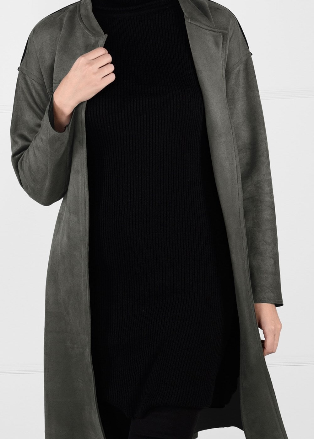 Tesettür giyim HAKİ KUŞAKLI BİSİKLET YAKA SÜET TRENÇKOT 53107 