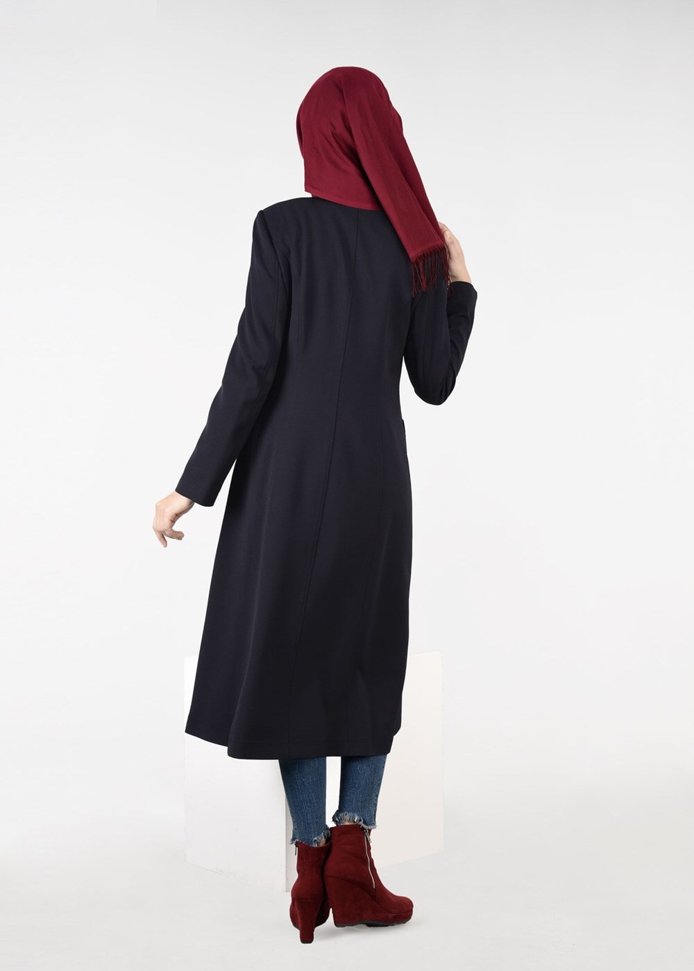 Tesettür giyim LACİVERT BİYE DETAYLI YAKASI BAĞCIKLI TRENÇKOT 1871