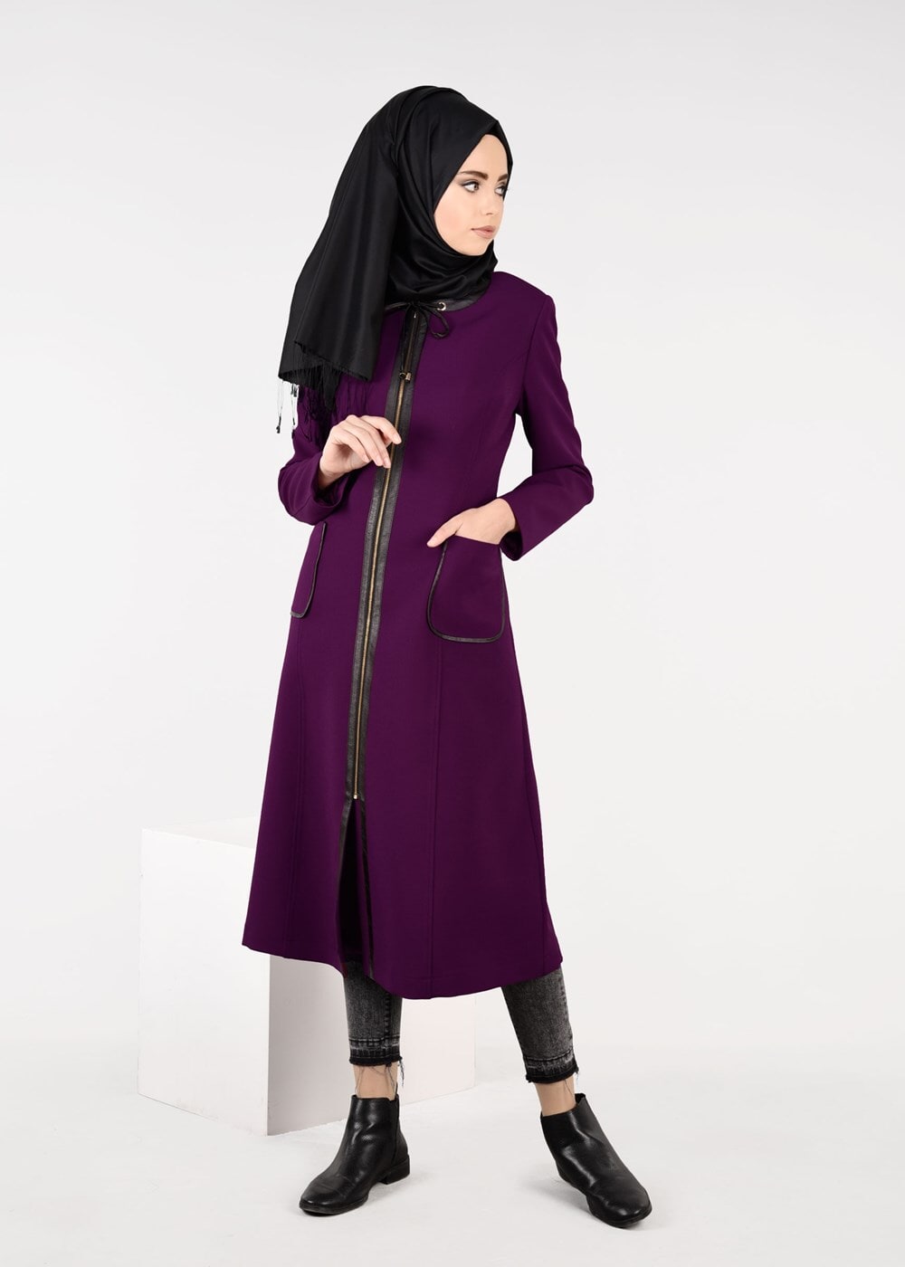 Tesettür giyim MOR BİYE DETAYLI YAKASI BAĞCIKLI TRENÇKOT 1871