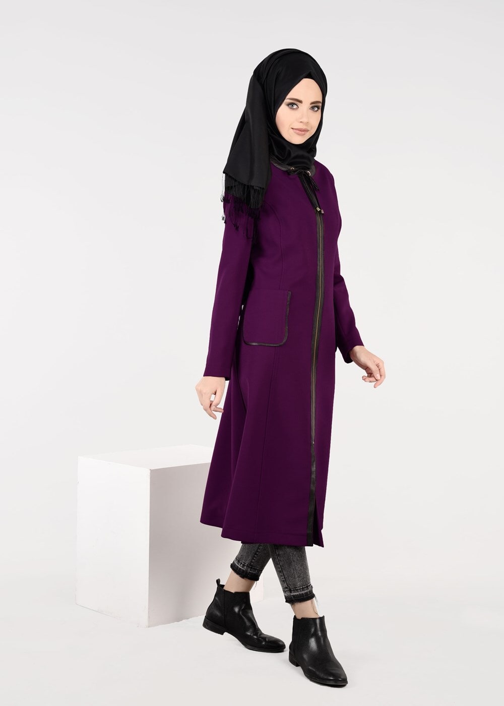 Tesettür giyim MOR BİYE DETAYLI YAKASI BAĞCIKLI TRENÇKOT 1871
